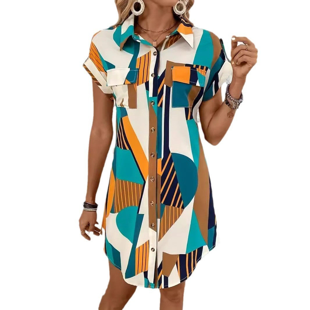 Evara Geo-Pocket Shirt Dress