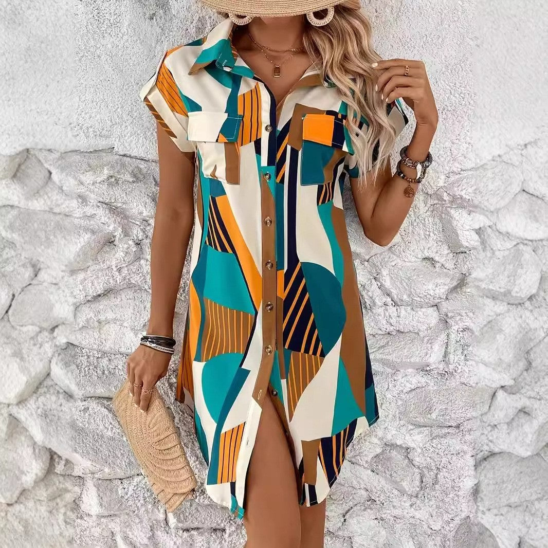 Evara Geo-Pocket Shirt Dress