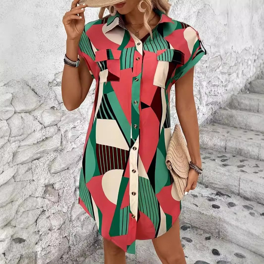 Evara Geo-Pocket Shirt Dress
